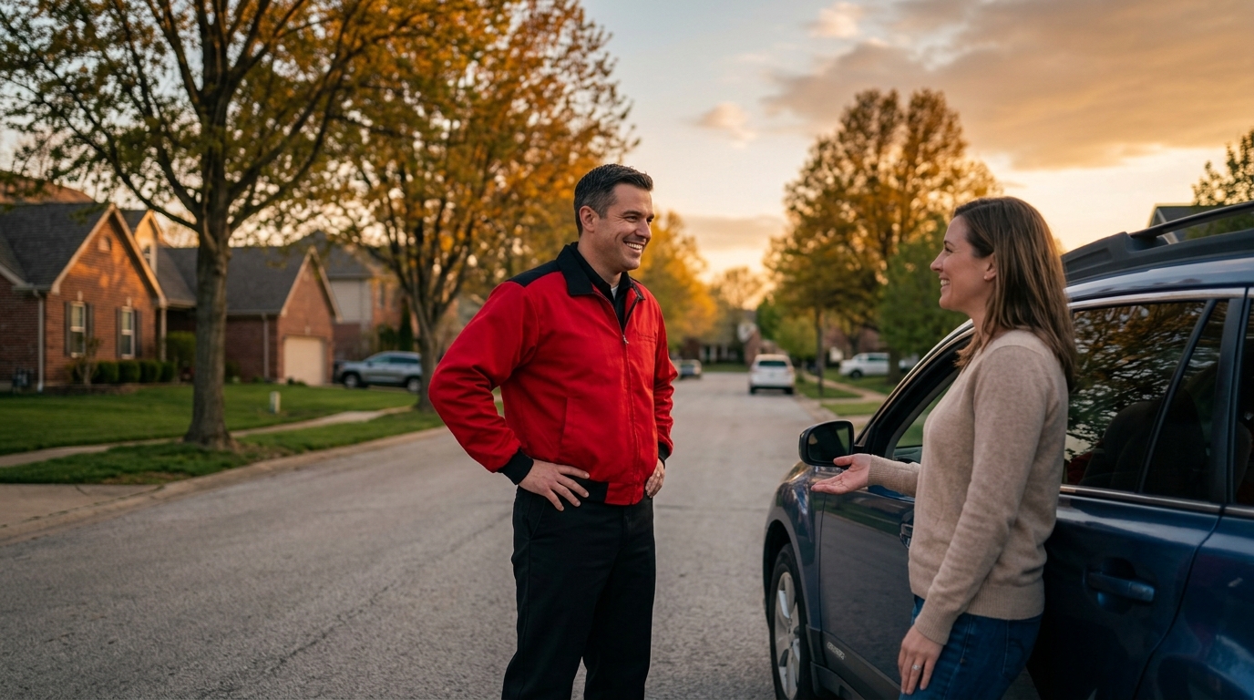 Friendly Roadside Rescue technician helping a driver at sunset in Missouri