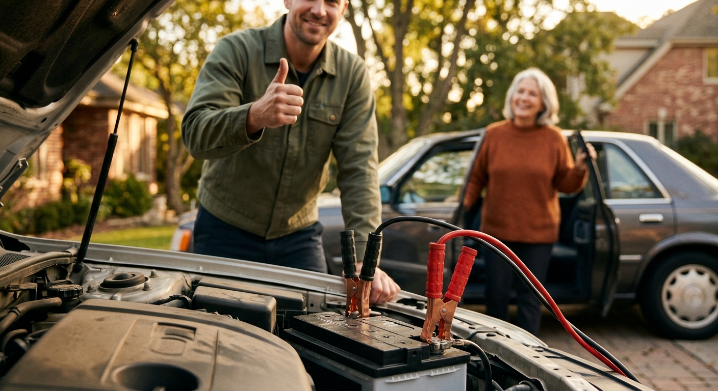 Roadside Rescue technician jump-starting a customer's car at golden hour in Missouri